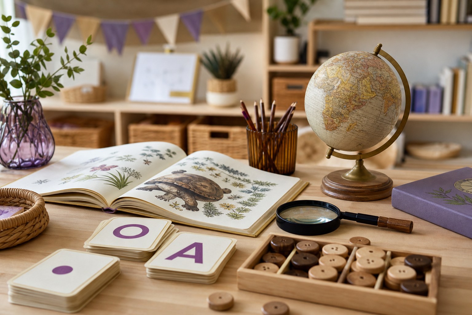 Open illustrated book, globe, pencils, and discovery materials on a classroom table